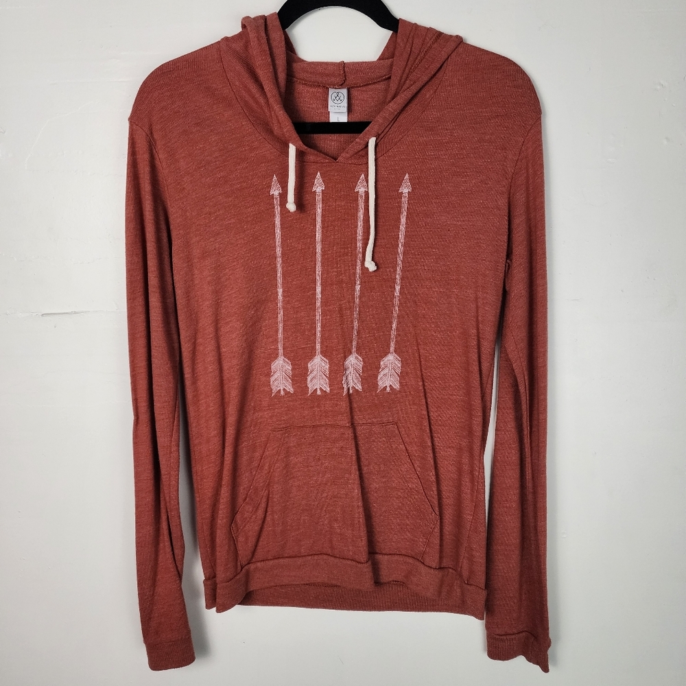 Alternative Earth Women's Large Rust Hooded Pullover with White Arrow Graphic